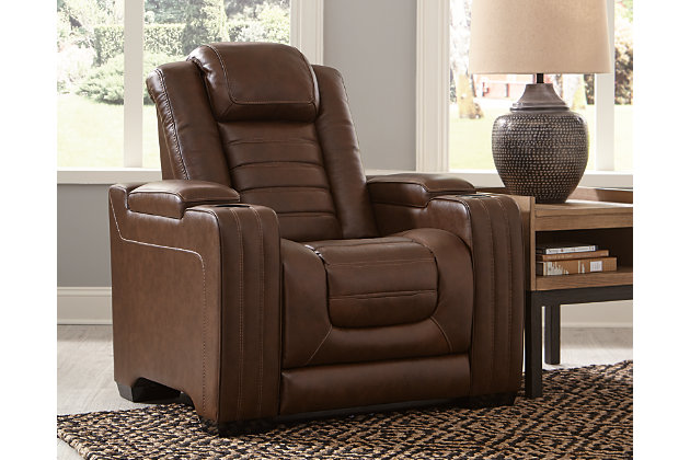With its fashion-forward sense of style, the Backtrack power recliner has you covered with high-tech advancements and down-home comfort. For starters, the seating area and armrests are upholstered in real leather for true indulgence where it matters most. Love being pampered? With the touch of a button, experience the pure bliss of an air massage system (with three settings), or chill out with the heated seat element. Distinctive elements of this power recliner include contemporary waterfall tufting that beautifully goes with the flow and a zero-gravity mechanism further raising the ottoman for better blood flow.One-touch power control with adjustable positions, Easy View™ adjustable headrest and zero-draw USB plug-in | Zero-draw technology only consumes power when the USB receptacle is in use | Air massage system includes 3 settings: steady, pulse and wave (with automatic 20-minute shutoff feature) | Heat in the seat element (with automatic 30-minute shutoff feature) | Corner-blocked frame with metal reinforced seat | Attached back and seat cushions | High-resiliency foam cushions wrapped in thick poly fiber | Zero-gravity mechanism (raises the ottoman to 23" off the floor for improved blood flow) | Hidden armrest storage compartments | 2 cup holders | Extended ottoman for enhanced comfort | Leather interior seating; vinyl/polyester exterior upholstery | Power cord included; UL Listed | Estimated Assembly Time: 15 Minutes