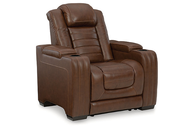 With its fashion-forward sense of style, the Backtrack power recliner has you covered with high-tech advancements and down-home comfort. For starters, the seating area and armrests are upholstered in real leather for true indulgence where it matters most. Love being pampered? With the touch of a button, experience the pure bliss of an air massage system (with three settings), or chill out with the heated seat element. Distinctive elements of this power recliner include contemporary waterfall tufting that beautifully goes with the flow and a zero-gravity mechanism further raising the ottoman for better blood flow.One-touch power control with adjustable positions, Easy View™ adjustable headrest and zero-draw USB plug-in | Zero-draw technology only consumes power when the USB receptacle is in use | Air massage system includes 3 settings: steady, pulse and wave (with automatic 20-minute shutoff feature) | Heat in the seat element (with automatic 30-minute shutoff feature) | Corner-blocked frame with metal reinforced seat | Attached back and seat cushions | High-resiliency foam cushions wrapped in thick poly fiber | Zero-gravity mechanism (raises the ottoman to 23" off the floor for improved blood flow) | Hidden armrest storage compartments | 2 cup holders | Extended ottoman for enhanced comfort | Leather interior seating; vinyl/polyester exterior upholstery | Power cord included; UL Listed | Estimated Assembly Time: 15 Minutes