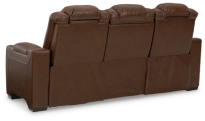 With its fashion-forward sense of style, the Backtrack power reclining sofa has you covered with high-tech advancements and down-home comfort. For starters, the seating area and armrests are upholstered in real leather for true indulgence where it matters most. Love being pampered? With the touch of a button, experience the pure bliss of an air massage system (with three settings), or chill out with the heated seat element. Distinctive elements of this power recliner include contemporary waterfall tufting that beautifully goes with the flow and a zero-gravity mechanism further raising the ottoman for better blood flow. Dual-sided recliner | One-touch power control with adjustable positions, Easy View™ adjustable headrest and zero-draw USB plug-in | Zero-draw technology only consumes power when the USB receptacle is in use | Air massage system includes 3 settings: steady, pulse and wave (with automatic 20-minute shutoff feature) | Heat in the seat element (with automatic 30-minute shutoff feature) | Corner-blocked frame with metal reinforced seat | Attached back and seat cushions | High-resiliency foam cushions wrapped in thick poly fiber | Hidden armrest storage compartments | Zero-gravity mechanism (raises the ottoman to 23" off the floor for improved blood flow) | Extended ottoman for enhanced comfort | Leather interior seating; vinyl/polyester exterior upholstery | Middle seat with flip-down table and 2 cup holders | Estimated Assembly Time: 15 Minutes