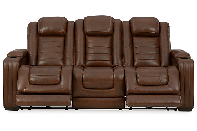 With its fashion-forward sense of style, the Backtrack power reclining sofa has you covered with high-tech advancements and down-home comfort. For starters, the seating area and armrests are upholstered in real leather for true indulgence where it matters most. Love being pampered? With the touch of a button, experience the pure bliss of an air massage system (with three settings), or chill out with the heated seat element. Distinctive elements of this power recliner include contemporary waterfall tufting that beautifully goes with the flow and a zero-gravity mechanism further raising the ottoman for better blood flow. Dual-sided recliner | One-touch power control with adjustable positions, Easy View™ adjustable headrest and zero-draw USB plug-in | Zero-draw technology only consumes power when the USB receptacle is in use | Air massage system includes 3 settings: steady, pulse and wave (with automatic 20-minute shutoff feature) | Heat in the seat element (with automatic 30-minute shutoff feature) | Corner-blocked frame with metal reinforced seat | Attached back and seat cushions | High-resiliency foam cushions wrapped in thick poly fiber | Hidden armrest storage compartments | Zero-gravity mechanism (raises the ottoman to 23" off the floor for improved blood flow) | Extended ottoman for enhanced comfort | Leather interior seating; vinyl/polyester exterior upholstery | Middle seat with flip-down table and 2 cup holders | Estimated Assembly Time: 15 Minutes
