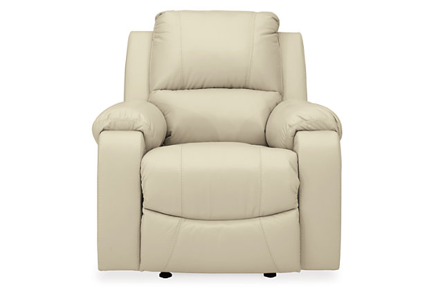 Once you recline in the Rackingburg rocker recliner with the pull of a tab, you will not want to get up. It's that comfortable with a bustle back and padded ottoman. Its look is amazing with dramatic cut and sew lines, jumbo stitching and affordable cream leather match upholstery, which features top-grain leather in the seating areas with skillfully matched vinyl everywhere else—what a way to relax.Bustle back | Attached cushions | Corner-blocked frame with metal reinforced seat | Pull-tab reclining motion | Leather interior upholstery/polyester and vinyl exterior upholstery | High-resiliency foam cushions wrapped in thick poly fiber | Estimated Assembly Time: 15 Minutes