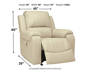Once you recline in the Rackingburg rocker recliner with the pull of a tab, you will not want to get up. It's that comfortable with a bustle back and padded ottoman. Its look is amazing with dramatic cut and sew lines, jumbo stitching and affordable cream leather match upholstery, which features top-grain leather in the seating areas with skillfully matched vinyl everywhere else—what a way to relax.Bustle back | Attached cushions | Corner-blocked frame with metal reinforced seat | Pull-tab reclining motion | Leather interior upholstery/polyester and vinyl exterior upholstery | High-resiliency foam cushions wrapped in thick poly fiber | Estimated Assembly Time: 15 Minutes