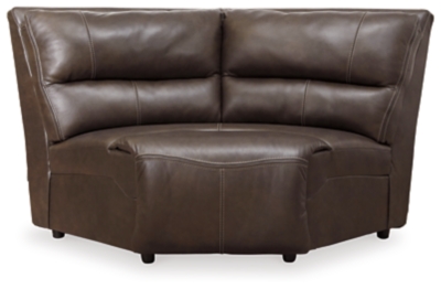 Life is so much better when you can enjoy the pleasure of real leather—at a price to put you at ease. That’s exactly what you get with the Ricmen sectional with power. Thanks to real leather throughout the seating area, you've got a reclining sectional that feels like a million bucks but won’t break the bank. Tailored to those with an eye for contemporary design, this power reclining sectional is dressed to impress with an upscale matte finish, clean-lined divided back tufting, distinctive jumbo stitching and chic pillow top armrests. Perhaps best of all: Easy View™ power adjustable headrests let you recline back and still have a primo view of the TV.Includes 3 pieces: power reclining loveseat, 2 seat power reclining sofa and wedge | Dual-sided recliner | One-touch power control with adjustable positions | Corner-blocked frame with metal reinforced seat | Attached cushions | High-resiliency foam cushions wrapped in thick poly fiber | USB charging port in power control | Easy View™ power adjustable headrests | Loveseat console with storage and 2 cup holders | Leather interior upholstery; vinyl/polyester exterior upholstery | Power cord included; UL Listed | Estimated Assembly Time: 10 Minutes