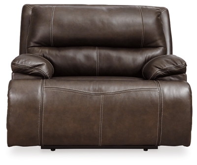 Life is so much better when you can enjoy the pleasure of real leather—at a price to put you at ease. That’s exactly what you get with the Ricmen wide seat power recliner. Thanks to real leather throughout the seating area, you've got a recliner that feels like a million bucks but won’t break the bank. Tailored to suit those with an eye for contemporary design, this power recliner is dressed to impress with an upscale matte finish, clean-lined divided back tufting, distinctive jumbo stitching and chic pillow top armrests. Perhaps best of all: an Easy View™ power adjustable headrest lets you recline back and still have a primo view of the TV.One-touch power control with adjustable positions | Corner-blocked frame with metal reinforced seat | Attached cushions | High-resiliency foam cushions wrapped in thick poly fiber | USB charging port in power control | Easy View™ power adjustable headrest | Extended ottoman for enhanced comfort | Leather interior upholstery; vinyl/polyester exterior upholstery | Power cord included; UL Listed