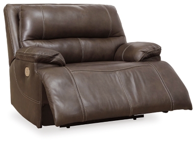 Life is so much better when you can enjoy the pleasure of real leather—at a price to put you at ease. That’s exactly what you get with the Ricmen wide seat power recliner. Thanks to real leather throughout the seating area, you've got a recliner that feels like a million bucks but won’t break the bank. Tailored to suit those with an eye for contemporary design, this power recliner is dressed to impress with an upscale matte finish, clean-lined divided back tufting, distinctive jumbo stitching and chic pillow top armrests. Perhaps best of all: an Easy View™ power adjustable headrest lets you recline back and still have a primo view of the TV.One-touch power control with adjustable positions | Corner-blocked frame with metal reinforced seat | Attached cushions | High-resiliency foam cushions wrapped in thick poly fiber | USB charging port in power control | Easy View™ power adjustable headrest | Extended ottoman for enhanced comfort | Leather interior upholstery; vinyl/polyester exterior upholstery | Power cord included; UL Listed