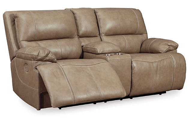 Life is so much better when you can enjoy the pleasure of real leather—at a price to put you at ease. That’s exactly what you get with the Ricmen reclining sectional with power. Thanks to real leather throughout the seating area, you've got a reclining sectional that feels like a million bucks but won’t break the bank. Tailored to those with an eye for contemporary design, this power reclining sectional is dressed to impress with an upscale matte finish, clean-lined divided back tufting, distinctive jumbo stitching and chic pillow top armrests. Perhaps best of all: Easy View™ power adjustable headrests let you recline back and still have a primo view of the TV.Includes 3 pieces: power reclining loveseat, 2 seat power reclining sofa and wedge | Dual-sided recliner | One-touch power control with adjustable positions | Corner-blocked frame with metal reinforced seat | Attached cushions | High-resiliency foam cushions wrapped in thick poly fiber | USB charging port in power control | Easy View™ power adjustable headrests | Loveseat console with storage and 2 cup holders | Leather interior upholstery; vinyl/polyester exterior upholstery | Power cord included; UL Listed | Estimated Assembly Time: 10 Minutes