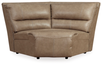Life is so much better when you can enjoy the pleasure of real leather—at a price to put you at ease. That’s exactly what you get with the Ricmen reclining sectional with power. Thanks to real leather throughout the seating area, you've got a reclining sectional that feels like a million bucks but won’t break the bank. Tailored to those with an eye for contemporary design, this power reclining sectional is dressed to impress with an upscale matte finish, clean-lined divided back tufting, distinctive jumbo stitching and chic pillow top armrests. Perhaps best of all: Easy View™ power adjustable headrests let you recline back and still have a primo view of the TV.Includes 3 pieces: power reclining loveseat, 2 seat power reclining sofa and wedge | Dual-sided recliner | One-touch power control with adjustable positions | Corner-blocked frame with metal reinforced seat | Attached cushions | High-resiliency foam cushions wrapped in thick poly fiber | USB charging port in power control | Easy View™ power adjustable headrests | Loveseat console with storage and 2 cup holders | Leather interior upholstery; vinyl/polyester exterior upholstery | Power cord included; UL Listed | Estimated Assembly Time: 10 Minutes