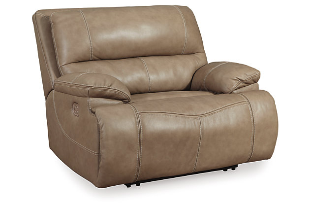Life is so much better when you can enjoy the pleasure of real leather—at a price to put you at ease. That’s exactly what you get with the Ricmen wide seat power recliner. Thanks to real leather throughout the seating area, you've got a recliner that feels like a million bucks but won’t break the bank. Tailored to suit those with an eye for contemporary design, this power recliner is dressed to impress with an upscale matte finish, clean-lined divided back tufting, distinctive jumbo stitching and chic pillow top armrests. Perhaps best of all: an Easy View™ power adjustable headrest lets you recline back and still have a primo view of the TV.One-touch power control with adjustable positions | Corner-blocked frame with metal reinforced seat | Attached cushions | High-resiliency foam cushions wrapped in thick poly fiber | USB charging port in power control | Easy View™ power adjustable headrest | Extended ottoman for enhanced comfort | Leather interior upholstery; vinyl/polyester exterior upholstery | Power cord included; UL Listed