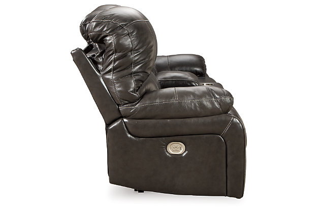 Stay happy at home feeling as if you're floating on a cloud with the Hallstrung power reclining loveseat with console and Easy View™ power adjustable headrests. Comfort is immediate when you're in control of your relaxation. Simply adjust the seat's position and headrest with the easy one-touch power control buttons. Plus, with the convenient USB charging ports, cell phones or laptops can be charged without having to get up. The feel of heavy weight luxurious leather surrounds you via the cushioned seat, interior bustled back cushioning and pillow top armrest, while faux leather on the back and sides is easy on the eyes and the wallet. The charcoal-colored upholstery provides a modern look in a high back design that's traditional. You'll find the center console rather resourceful for tucking away remotes or other small chairside items that otherwise would be cluttering the scene. Keep refreshed with drinks at your side in the two handy stainless steel cup holders—what a great way to unwind and watch TV.Dual-sided recliner | One-touch power control recliners with adjustable positions | Includes USB charging port in each power control | Lift-top storage console with slow close hinges and 2 stainless steel cup holders | Corner-blocked frames with metal reinforced seats | Attached backs and seat cushions | High-resiliency foam cushions wrapped in thick poly fiber | Easy View™ power adjustable headrests | Extended ottomans for enhanced comfort | 100% genuine top-grain leather throughout the seating areas and armrests | High quality leather substitute covers remaining areas | Power cord included; UL Listed | Estimated Assembly Time: 15 Minutes