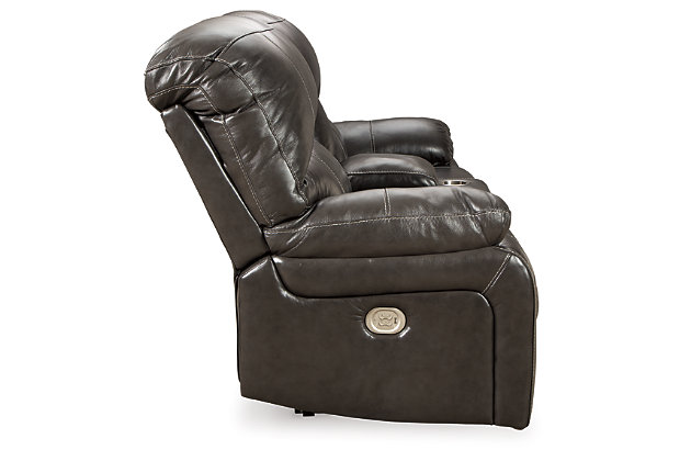 Stay happy at home feeling as if you're floating on a cloud with the Hallstrung power reclining loveseat with console and Easy View™ power adjustable headrests. Comfort is immediate when you're in control of your relaxation. Simply adjust the seat's position and headrest with the easy one-touch power control buttons. Plus, with the convenient USB charging ports, cell phones or laptops can be charged without having to get up. The feel of heavy weight luxurious leather surrounds you via the cushioned seat, interior bustled back cushioning and pillow top armrest, while faux leather on the back and sides is easy on the eyes and the wallet. The charcoal-colored upholstery provides a modern look in a high back design that's traditional. You'll find the center console rather resourceful for tucking away remotes or other small chairside items that otherwise would be cluttering the scene. Keep refreshed with drinks at your side in the two handy stainless steel cup holders—what a great way to unwind and watch TV.Dual-sided recliner | One-touch power control recliners with adjustable positions | Includes USB charging port in each power control | Lift-top storage console with slow close hinges and 2 stainless steel cup holders | Corner-blocked frames with metal reinforced seats | Attached backs and seat cushions | High-resiliency foam cushions wrapped in thick poly fiber | Easy View™ power adjustable headrests | Extended ottomans for enhanced comfort | 100% genuine top-grain leather throughout the seating areas and armrests | High quality leather substitute covers remaining areas | Power cord included; UL Listed | Estimated Assembly Time: 15 Minutes