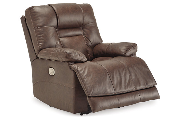 Big and bold, the Wurstrow power recliner with Easy View™ power adjustable headrest delivers comfort at the touch of a button. Easily position the recliner, its headrest and lumbar support to your liking for maximum comfort. Plus, with the convenient USB charging port, a cell phone or laptop can be charged without having to get up. The feel of heavy weight leather surrounds you via the cushioned seat, interior bustled back cushioning and pillow top armrests, while faux leather is on the back and sides for affordability. The cloud effect seen in the umber-colored upholstery creates a rustic look—perfect for your modern or casual setting.One-touch power control recliner with adjustable positions | Corner-blocked frame with metal reinforced seat | Attached back and seat cushions | High-resiliency foam cushions wrapped in thick poly fiber | Easy View™ power adjustable headrest and adjustable lumbar support | Extended ottoman for enhanced comfort | 100% genuine top-grain leather throughout the seating area and armrests | High quality leather substitute covers remaining areas | Includes USB charging port in the power control | Power cord included; UL Listed
