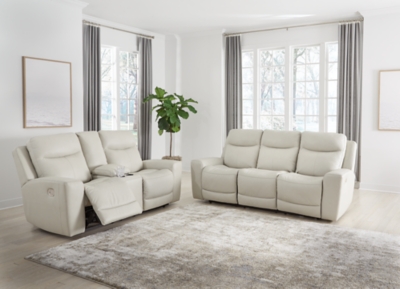 Mindanao Dual Power Leather Reclining Sofa and Loveseat, Coconut