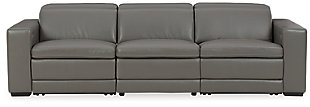 Truly putting high design into recline, the Texline sofa with genuine leather seating area proves that just because you’re a recliner doesn’t mean you have to look like one. Deceptively beautiful, its ultra clean-lined aesthetic is as cool and contemporary as they come. Low-profile back has a super swank look. When you need more support for your head and neck, the press of a button engages the Easy View™ power adjustable headrest, designed to let you lean back and still have a primo view of the TV. The zero wall design requires minimal space between wall and chair back, and indulgent pillow top seating gives an added layer of comfort.Includes 4 pieces: right-arm facing armless power recliner, left-arm facing armless power recliner and armless chair and left-arm/right-arm facing power arm | One-touch power control with adjustable positions, Easy View™ adjustable headrest and zero-draw USB plug-in | Zero-draw technology only consumes power when the USB receptacle is in use | Corner-blocked frame with metal reinforced seat | Attached back and seat cushions | Pillow top seats | High-resiliency foam cushions wrapped in thick poly fiber | Zero wall design requires minimal space between wall and chair back | Extended ottoman for enhanced comfort | Leather interior upholstery; vinyl/polyester exterior upholstery | Power cord included; UL Listed | Exposed feet with faux wood finish | Estimated Assembly Time: 60 Minutes