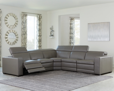 Texline 5-Piece Dual Power Leather Reclining Modular Sectional Leather, Gray