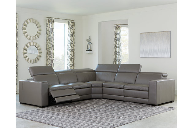 Texline 5 Piece Dual Power Reclining, Modern Sectional Leather Grey