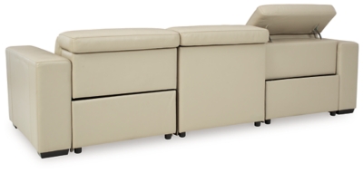 Truly putting high design into recline, the Texline sofa with genuine leather seating area proves that just because you’re a recliner doesn’t mean you have to look like one. Deceptively beautiful, its ultra clean-lined aesthetic is as cool and contemporary as they come. Low-profile back has a super swank look. When you need more support for your head and neck, the press of a button engages the Easy View™ power adjustable headrest, designed to let you lean back and still have a primo view of the TV. The zero wall design requires minimal space between wall and chair back, and indulgent pillow top seating gives an added layer of comfort.Includes 4 pieces: right-arm facing armless power recliner, left-arm facing armless power recliner, left-arm/right-arm facing power arm and armless chair | One-touch power control with adjustable positions, Easy View™ adjustable headrest and zero-draw USB plug-in | Zero-draw technology only consumes power when the USB receptacle is in use | Corner-blocked frame with metal reinforced seat | Attached back and seat cushions | Pillow top seats | High-resiliency foam cushions wrapped in thick poly fiber | Zero wall design requires minimal space between wall and chair back | Extended ottoman for enhanced comfort | Leather interior upholstery; vinyl/polyester exterior upholstery | Power cord included; UL Listed | Exposed feet with faux wood finish | Estimated Assembly Time: 75 Minutes