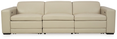 Truly putting high design into recline, the Texline sofa with genuine leather seating area proves that just because you’re a recliner doesn’t mean you have to look like one. Deceptively beautiful, its ultra clean-lined aesthetic is as cool and contemporary as they come. Low-profile back has a super swank look. When you need more support for your head and neck, the press of a button engages the Easy View™ power adjustable headrest, designed to let you lean back and still have a primo view of the TV. The zero wall design requires minimal space between wall and chair back, and indulgent pillow top seating gives an added layer of comfort.Includes 4 pieces: right-arm facing armless power recliner, left-arm facing armless power recliner, left-arm/right-arm facing power arm and armless chair | One-touch power control with adjustable positions, Easy View™ adjustable headrest and zero-draw USB plug-in | Zero-draw technology only consumes power when the USB receptacle is in use | Corner-blocked frame with metal reinforced seat | Attached back and seat cushions | Pillow top seats | High-resiliency foam cushions wrapped in thick poly fiber | Zero wall design requires minimal space between wall and chair back | Extended ottoman for enhanced comfort | Leather interior upholstery; vinyl/polyester exterior upholstery | Power cord included; UL Listed | Exposed feet with faux wood finish | Estimated Assembly Time: 75 Minutes