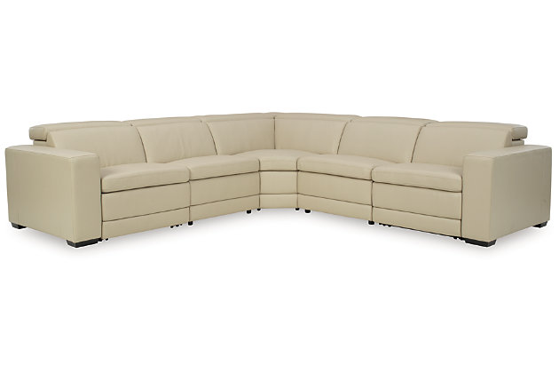 Truly putting high design into recline, the Texline sectional with genuine leather seating area proves that just because you’re a recliner doesn’t mean you have to look like one. Deceptively beautiful, its ultra clean-lined aesthetic is as cool and contemporary as they come. Low-profile back has a super swank look. When you need more support for your head and neck, the press of a button engages the Easy View™ power adjustable headrest, designed to let you lean back and still have a primo view of the TV.Includes 6 pieces: right-arm facing armless power recliner, left-arm facing armless power recliner, left-arm/right-arm facing power arm, 2 armless chairs and wedge | One-touch power control with adjustable positions, Easy View™ adjustable headrest and zero-draw USB plug-in | Zero-draw technology only consumes power when the USB receptacle is in use | Corner-blocked frame with metal reinforced seat | Attached back and seat cushions | Pillow top seats | High-resiliency foam cushions wrapped in thick poly fiber | Extended ottoman for enhanced comfort | Leather interior upholstery; vinyl/polyester exterior upholstery    | Power cord included; UL Listed | Exposed feet with faux wood finish | Zero wall design requires minimal space between wall and chair back | Estimated Assembly Time: 110 Minutes