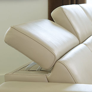 Truly putting high design into recline, the Texline sectional with genuine leather seating area proves that just because you’re a recliner doesn’t mean you have to look like one. Deceptively beautiful, its ultra clean-lined aesthetic is as cool and contemporary as they come. Low-profile back has a super swank look. When you need more support for your head and neck, the press of a button engages the Easy View™ power adjustable headrest, designed to let you lean back and still have a primo view of the TV.Includes 6 pieces: right-arm facing armless power recliner, left-arm facing armless power recliner, left-arm/right-arm facing power arm, 2 armless chairs and wedge | One-touch power control with adjustable positions, Easy View™ adjustable headrest and zero-draw USB plug-in | Zero-draw technology only consumes power when the USB receptacle is in use | Corner-blocked frame with metal reinforced seat | Attached back and seat cushions | Pillow top seats | High-resiliency foam cushions wrapped in thick poly fiber | Extended ottoman for enhanced comfort | Leather interior upholstery; vinyl/polyester exterior upholstery    | Power cord included; UL Listed | Exposed feet with faux wood finish | Zero wall design requires minimal space between wall and chair back | Estimated Assembly Time: 110 Minutes
