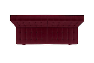 Bringing big style to small living areas, this convertible futon is a smart, space-saving choice for those with an eye for contemporary style. Made to quickly convert into a lounger or sleeper, this sleek futon with fashion-forward tufting and split back sports a feel-good fabric and eye-catching chrome-tone legs for a high-design aesthetic.Burgundy velvet upholstery | Split-back design with multiple positions | Easily converts from a sitting position to a lounging position or a full-size sleeper | Tufted seat and backrest | Chrome-tone metal legs; center legs for stability | Assembles quickly