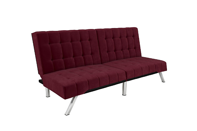 Bringing big style to small living areas, this convertible futon is a smart, space-saving choice for those with an eye for contemporary style. Made to quickly convert into a lounger or sleeper, this sleek futon with fashion-forward tufting and split back sports a feel-good fabric and eye-catching chrome-tone legs for a high-design aesthetic.Burgundy velvet upholstery | Split-back design with multiple positions | Easily converts from a sitting position to a lounging position or a full-size sleeper | Tufted seat and backrest | Chrome-tone metal legs; center legs for stability | Assembles quickly
