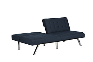Bringing big style to small living areas, this convertible futon is a smart, space-saving choice for those with an eye for contemporary style. Made to quickly convert into a lounger or sleeper, this sleek futon with fashion-forward tufting and split back sports a feel-good fabric and eye-catching chrome-tone legs for a high-design aesthetic.Navy velvet upholstery | Split-back design with multiple positions | Easily converts from a sitting position to a lounging position or a full-size sleeper | Tufted seat and backrest | Chrome-tone metal legs; center legs for stability | Assembles quickly