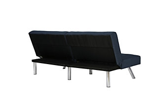 Bringing big style to small living areas, this convertible futon is a smart, space-saving choice for those with an eye for contemporary style. Made to quickly convert into a lounger or sleeper, this sleek futon with fashion-forward tufting and split back sports a feel-good fabric and eye-catching chrome-tone legs for a high-design aesthetic.Navy velvet upholstery | Split-back design with multiple positions | Easily converts from a sitting position to a lounging position or a full-size sleeper | Tufted seat and backrest | Chrome-tone metal legs; center legs for stability | Assembles quickly