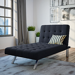 Scaled perfectly for your individual needs, this futon for one proves that small-space living can be so inviting. A lounger by day and sleeper at night, this compact futon is dressed to impress lovers of contemporary design, with eye-catching chrome-tone legs and tufted cushions for high-fashion flair.Navy linen upholstery | Easily converts from a sitting position to a lounging position or a sleeper | Tufted seat and backrest | Chrome-tone metal legs | Assembles quickly