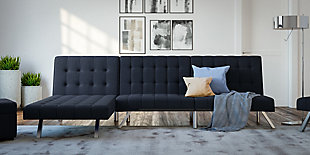 Scaled perfectly for your individual needs, this futon for one proves that small-space living can be so inviting. A lounger by day and sleeper at night, this compact futon is dressed to impress lovers of contemporary design, with eye-catching chrome-tone legs and tufted cushions for high-fashion flair.Navy linen upholstery | Easily converts from a sitting position to a lounging position or a sleeper | Tufted seat and backrest | Chrome-tone metal legs | Assembles quickly