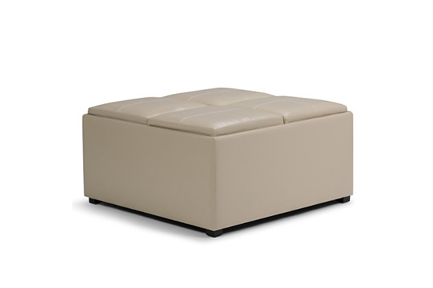 Why sacrifice function for beauty. When you are looking for a tasteful, well-made storage solution and extra seating, look no further than this storage ottoman and tray set. Made from durable faux leather, it’s extra strong and sturdy with an expertly stitched exterior and a large storage interior. Whether you are using it as an eating surface, a storage unit or just to put your feet up, this ottoman is a pretty and practical piece of furniture.Includes storage ottoman and 4 flip-over trays | Hand constructed of wood and engineered wood | Faux leather upholstery with stitching detail | Easy assembly required, simply attach feet