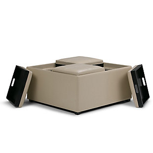 Why sacrifice function for beauty. When you are looking for a tasteful, well-made storage solution and extra seating, look no further than this storage ottoman and tray set. Made from durable faux leather, it’s extra strong and sturdy with an expertly stitched exterior and a large storage interior. Whether you are using it as an eating surface, a storage unit or just to put your feet up, this ottoman is a pretty and practical piece of furniture.Includes storage ottoman and 4 flip-over trays | Hand constructed of wood and engineered wood | Faux leather upholstery with stitching detail | Easy assembly required, simply attach feet