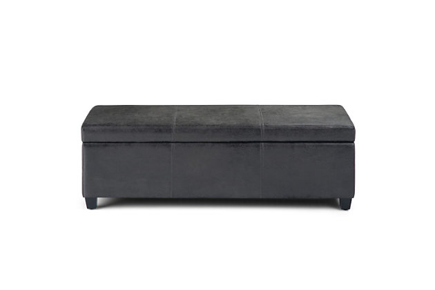 Great things come in small packages. When you are looking for a tasteful, well-made storage solution and extra seating, look no further than this storage ottoman bench. Made from durable faux leather, it’s extra strong and sturdy with a beautiful stitched exterior and a large storage interior. Whether you use the ottoman in your entryway, living room, family room or bedroom, it’s a pretty and practical extra seating option.Made of wood | Faux leather upholstery with stitching details | Top easily lifts to reveal hidden storage compartment | Child safety hinged top | Easy assembly required, simply attach feet