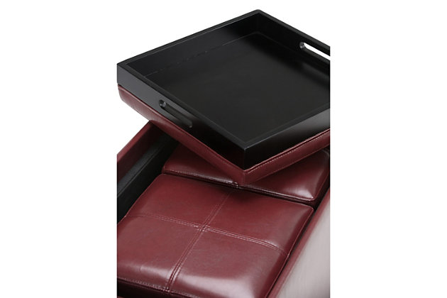 Great things come in small packages. When you are looking for a tasteful, well-made storage solution with extra seating ottomans, look no further than this storage ottoman bench set. Made from durable faux leather, it’s extra strong and sturdy with a beautiful stitched exterior and a large storage interior, two flip-over serving trays and two extra footstool ottomans. Whether you use the ottoman in your entryway, living room, family room or bedroom, it’s a pretty and practical extra seating option, or use with the matching pair of ottomans to add comfort and style to your living room decor.Includes large storage ottoman bench with 2 flip-over serving trays and 2 smaller ottomans | Hand constructed of wood and engineered wood | Faux leather upholstery with stitching details | Easy assembly required, simply attach feet