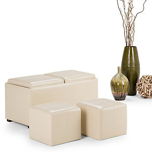 Great things come in small packages. When you are looking for a tasteful, well-made storage solution with extra seating ottomans, look no further than this storage ottoman bench set. Made from durable faux leather, it’s extra strong and sturdy with a beautiful stitched exterior and a large storage interior, two flip-over serving trays and two extra footstool ottomans. Whether you use the ottoman in your entryway, living room, family room or bedroom, it’s a pretty and practical extra seating option, or use with the matching pair of ottomans to add comfort and style to your living room decor.Includes large storage ottoman bench with 2 flip-over serving trays and 2 smaller ottomans | Hand constructed of wood and engineered wood | Faux leather upholstery with stitching details | Easy assembly required, simply attach feet