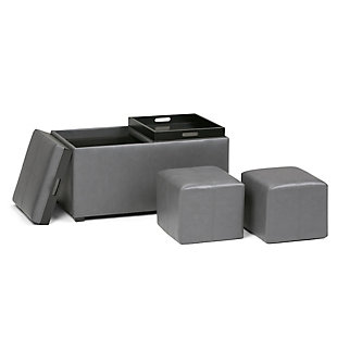 Great things come in small packages. When you are looking for a tasteful, well-made storage solution with extra seating ottomans, look no further than this storage ottoman bench set. Made from durable faux leather, it’s extra strong and sturdy with a beautiful stitched exterior and a large storage interior, two flip-over serving trays and two extra footstool ottomans. Whether you use the ottoman in your entryway, living room, family room or bedroom, it’s a pretty and practical extra seating option, or use with the matching pair of ottomans to add comfort and style to your living room decor.Includes large storage ottoman bench with 2 flip-over serving trays and 2 smaller ottomans | Made of wood and engineered wood | Faux leather upholstery with stitching details | Easy assembly required, simply attach feet