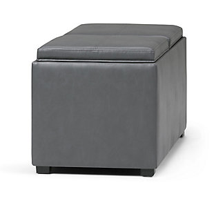 Great things come in small packages. When you are looking for a tasteful, well-made storage solution with extra seating ottomans, look no further than this storage ottoman bench set. Made from durable faux leather, it’s extra strong and sturdy with a beautiful stitched exterior and a large storage interior, two flip-over serving trays and two extra footstool ottomans. Whether you use the ottoman in your entryway, living room, family room or bedroom, it’s a pretty and practical extra seating option, or use with the matching pair of ottomans to add comfort and style to your living room decor.Includes large storage ottoman bench with 2 flip-over serving trays and 2 smaller ottomans | Made of wood and engineered wood | Faux leather upholstery with stitching details | Easy assembly required, simply attach feet