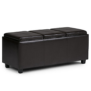 Why sacrifice function for beauty. When you are looking for a tasteful, well-made storage solution and extra seating, look no further than this storage ottoman bench. Made from durable faux leather, it’s extra strong and sturdy with a beautiful stitched exterior, a large storage interior and three flip-over trays for easy entertaining or casual dining. Whether you are using it as an eating surface, a storage unit or just to put your feet up, this ottoman is a pretty and practical piece of furniture.Includes large storage ottoman bench with 3 flip-over serving trays | Hand constructed of wood and engineered wood | Faux leather upholstery with stitching details | Easy assembly required, simply attach feet