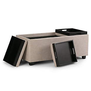 Why sacrifice function for beauty. When you are loo for a tasteful, well-made storage solution and extra seating, look no further than this storage ottoman bench. Covered in natural linen look polyester, it’s extra strong and sturdy with a beautiful stitched exterior, a storage interior and four flip-over trays for easy entertaining or casual dining. Whether you are using it as an eating surface, a storage unit or just to put your feet up, this ottoman is a pretty and practical piece of furniture.Includes storage ottoman bench with 3 flip-over serving trays | Hand constructed of wood and engineered wood | Polyester upholstery with stitching details | Easy assembly required, simply attach feet