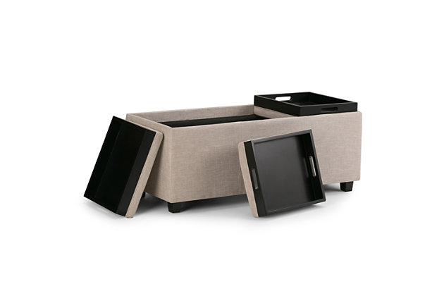 Why sacrifice function for beauty. When you are looking for a tasteful, well-made storage solution and extra seating, look no further than this storage ottoman bench. Covered in natural linen look polyester, it’s extra strong and sturdy with a beautiful stitched exterior, a large storage interior and four flip-over trays for easy entertaining or casual dining. Whether you are using it as an eating surface, a storage unit or just to put your feet up, this ottoman is a pretty and practical piece of furniture.Includes large storage ottoman bench with 3 flip-over serving trays | Hand constructed of wood and engineered wood | Polyester upholstery with stitching details | Easy assembly required, simply attach feet