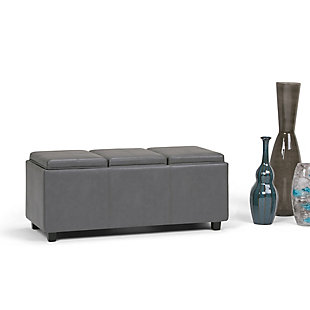 Why sacrifice function for beauty. When you are looking for a tasteful, well-made storage solution and extra seating, look no further than this storage ottoman bench. Made from durable faux leather, it’s extra strong and sturdy with a beautiful stitched exterior, a large storage interior and three flip-over trays for easy entertaining or casual dining. Whether you are using it as an eating surface, a storage unit or just to put your feet up, this ottoman is a pretty and practical piece of furniture.Includes large storage ottoman bench with 3 flip-over serving trays | Made of wood and engineered wood | Faux leather upholstery with stitching details | Easy assembly required, simply attach feet