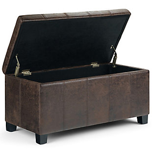Why sacrifice function for beauty. When you are looking for a tasteful, well-made storage solution and extra seating, look no further than this storage ottoman bench. Made from durable faux leather, it’s extra strong and sturdy with an expertly stitched exterior and a large storage interior. Whether you are using it as an eating surface, a storage unit or just to put your feet up, this ottoman is a pretty and practical piece of furniture.Made of wood | Faux leather upholstery with stitching details | Easy assembly required, simply attach feet