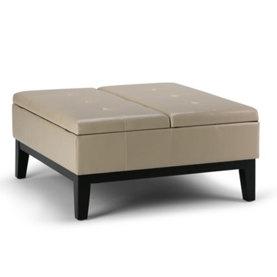 Beige storage ottoman from a front-left angle