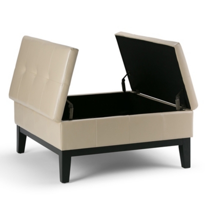 Open storage ottoman showing hinged lid and interior space