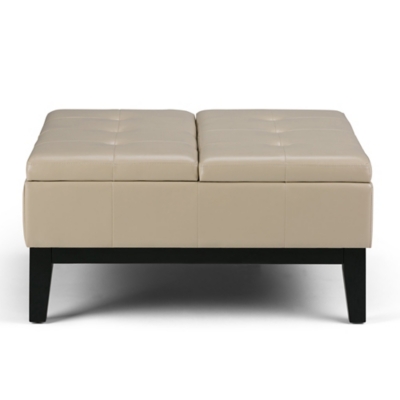 Beige storage ottoman with two cushioned tops and black legs