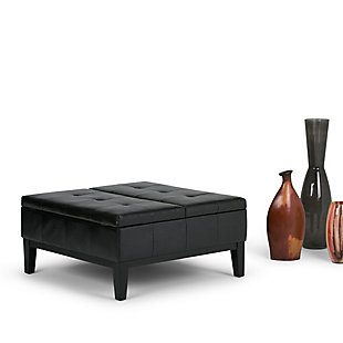 Why sacrifice function for beauty. When you are looking for a tasteful, well-made storage solution and extra seating, look no further than this storage ottoman. Made from durable faux leather, it’s extra strong and sturdy with an expertly stitched exterior and a large storage interior. Whether you are using it as an eating surface, a storage unit or just to put your feet up, this ottoman is a pretty and practical piece of furniture.Made of wood and engineered wood | Faux leather upholstery | Split lift top | Easy assembly required, simply attach feet