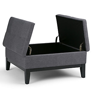 Why sacrifice function for beauty. When you are looking for a tasteful, well-made storage solution and extra seating, look no further than this storage ottoman. Made from durable linen look upholstery, it’s extra strong and sturdy with an expertly stitched exterior and a large storage interior. Whether you are using it as an eating surface, a storage unit or just to put your feet up, this ottoman is a pretty and practical piece of furniture.Made of wood and engineered wood | Polyester upholstery | Split lift top | Easy assembly required, simply attach feet