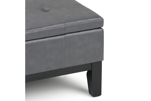Why sacrifice function for beauty. When you are looking for a tasteful, well-made storage solution and extra seating, look no further than this storage ottoman. Made from durable faux leather, it’s extra strong and sturdy with an expertly stitched exterior and a large storage interior. Whether you are using it as an eating surface, a storage unit or just to put your feet up, this ottoman is a pretty and practical piece of furniture.Made of wood and engineered wood | Faux leather upholstery | Split lift top | Easy assembly required, simply attach feet