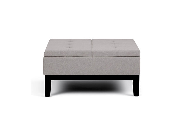 Why sacrifice function for beauty. When you are looking for a tasteful, well-made storage solution and extra seating, look no further than this storage ottoman. Made from durable linen look upholstery, it’s extra strong and sturdy with an expertly stitched exterior and a large storage interior. Whether you are using it as an eating surface, a storage unit or just to put your feet up, this ottoman is a pretty and practical piece of furniture.Made of wood and engineered wood | Polyester upholstery | Split lift top | Easy assembly required, simply attach feet