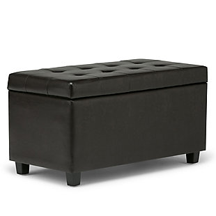 Why sacrifice function for beauty. When you are looking for a tasteful, well-made storage solution and extra seating, look no further than this storage ottoman. Made from durable faux leather, it’s extra strong and sturdy with a button tufted exterior and a large storage interior. Whether you are using it as an eating surface, a storage unit or just to put your feet up, this ottoman is a pretty and practical piece of furniture.DIMENSIONS:  17.3" D x 33.5" W x 18.5" H | Hand constructed using solid wood, engineered wood and high density foam | Upholstered with a durable Tanners Brown Faux Leather | Features large interior storage space with child safety hinge to prevent lid slamming | Multi-functional ottoman can be used in bedroom, living room, family room, hallway as an entryway bench, foot stool, accent furniture or provide additional sitting | Transitional design includes tufted top and stitching detail | Simple assembly; just attach legs | We believe in creating excellent, high quality products made from the finest materials at an affordable price. Every one of our products come with a 1-year warranty and easy returns if you are not satisfied.