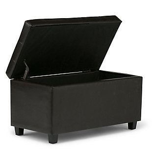 Why sacrifice function for beauty. When you are looking for a tasteful, well-made storage solution and extra seating, look no further than this storage ottoman. Made from durable faux leather, it’s extra strong and sturdy with a button tufted exterior and a large storage interior. Whether you are using it as an eating surface, a storage unit or just to put your feet up, this ottoman is a pretty and practical piece of furniture.DIMENSIONS:  17.3" D x 33.5" W x 18.5" H | Hand constructed using solid wood, engineered wood and high density foam | Upholstered with a durable Tanners Brown Faux Leather | Features large interior storage space with child safety hinge to prevent lid slamming | Multi-functional ottoman can be used in bedroom, living room, family room, hallway as an entryway bench, foot stool, accent furniture or provide additional sitting | Transitional design includes tufted top and stitching detail | Simple assembly; just attach legs | We believe in creating excellent, high quality products made from the finest materials at an affordable price. Every one of our products come with a 1-year warranty and easy returns if you are not satisfied.